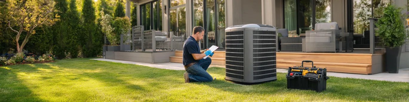 Technicien effectuant l'entretien d'une pompe à chaleur air-eau extérieure pour optimiser son rendement énergétique
