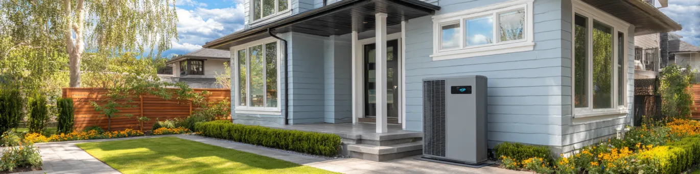 Pompe à chaleur moderne installée sur une maison individuelle avec affichage des économies d'énergie réalisables en 2025