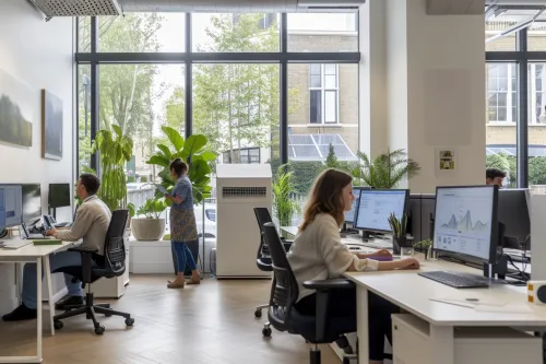 Pompe à chaleur professionnelle installée dans un bâtiment commercial avec système de ventilation visible