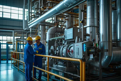 Pompe à chaleur industrielle en fonctionnement optimisant l'efficacité énergétique d'une usine moderne