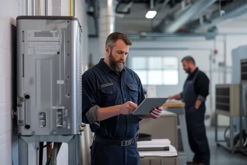 Installation professionnelle d'une pompe à chaleur par un technicien certifié avec équipement spécialisé