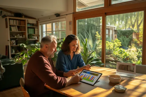 Famille souriante consultant ses factures d'énergie réduites de 30% grâce aux astuces d'économie énergétique
