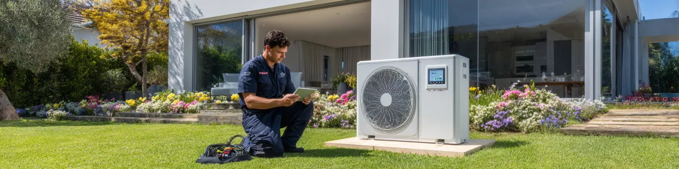 Technicien réalisant l'entretien d'une pompe à chaleur air-eau, permettant 30% d'économies grâce au calendrier prévisionnel