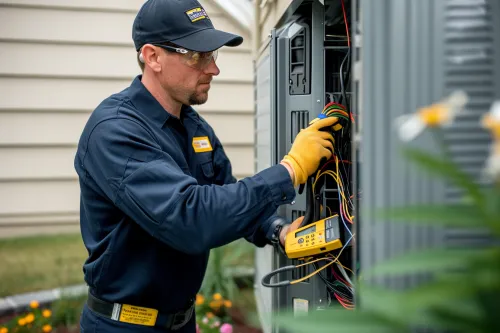 Technicien effectuant une vérification annuelle du circuit électrique avec équipement professionnel de mesure et de détection