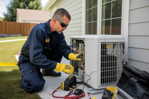 Technicien procédant à l'installation d'une pompe à chaleur résidentielle selon les normes du guide pratique