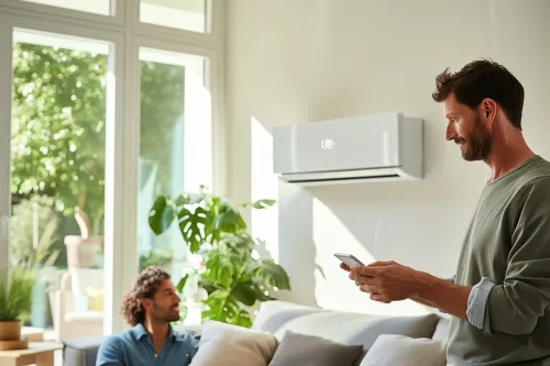 Pompe à chaleur moderne en fonctionnement optimal avec thermomètre affichant un rendement énergétique élevé