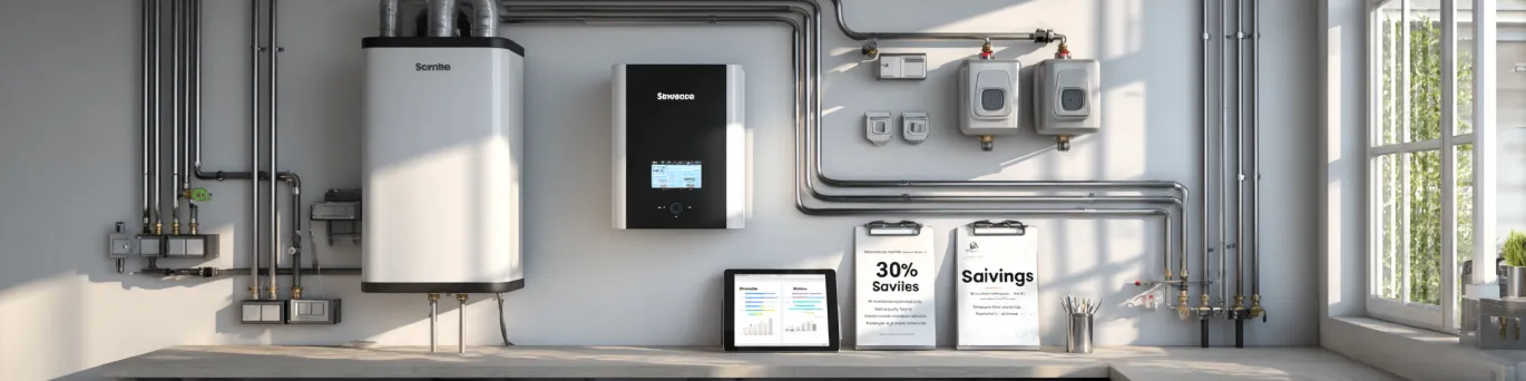 PAC hybride gaz en fonctionnement dans une maison, montrant 30% d'économies sur la facture énergétique