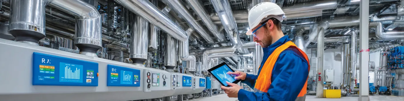 Pompe à chaleur industrielle avec indicateurs de performance énergétique montrant le retour sur investissement positif
