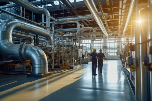 Pompe à chaleur industrielle moderne représentant les tendances PAC industrielles 2025 dans un environnement manufacturier
