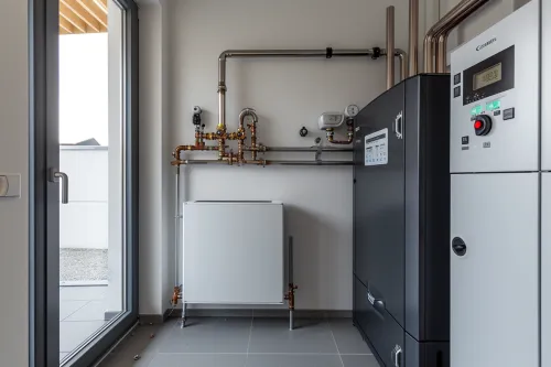 Pompe à chaleur hybride gaz en fonctionnement, associant chaudière à condensation et module thermodynamique
