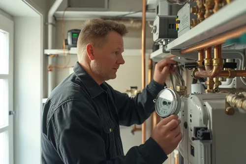 Technicien inspectant un circuit hydraulique industriel pour optimiser la consommation énergétique