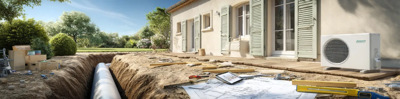 Entrepreneur installant une pompe à chaleur avec devis détaillé des travaux de préparation du sol