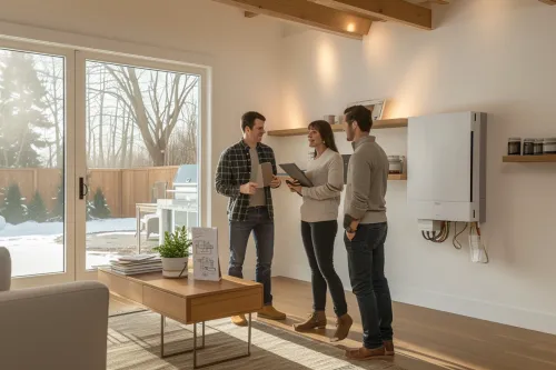Technicien réalisant un diagnostic immobilier avec ses outils de mesure et documents réglementaires